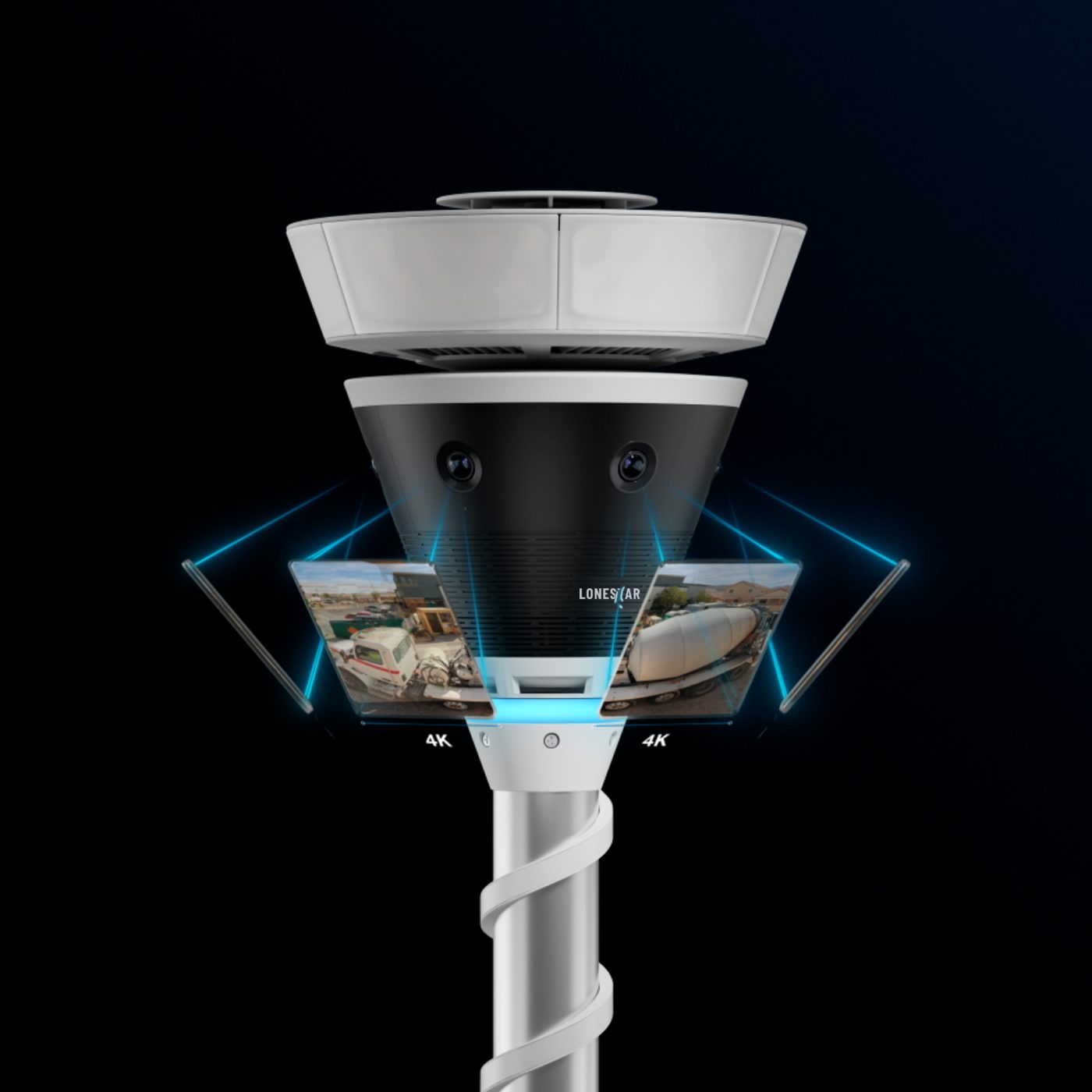 Lonestar Mobile Security tower head with dual 4K cameras showing two panoramic video feeds